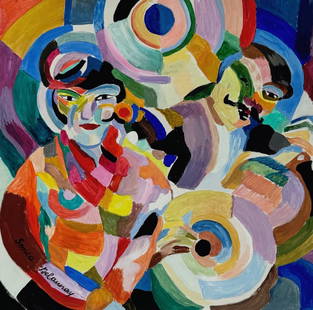 Sonia Delaunay after Ukrainian French orphism tempera painting geometric: Tempera on paper on thin cardboard, painting. From a private collection. Painting size: 7,9 x 8 in. (20 x 20,4 cm). Cardboard size: 9,1 x 9,5 in. (23 x 24 cm). Sonia Delaunay (1885-1979, Ukrainian, Fr
