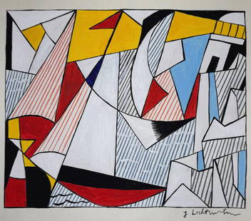 Mixed media on paper Roy Lichtenstein after American Pop Art study: Mixed media on paper. From a private collection. 9 x 9 in. (23 x 23 cm). Roy Lichtenstein (1923-1997, American). It is being sold in the manner or style of the artist. Depicts an abstract composition.
