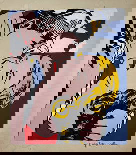 Acrylic painting Roy Lichtenstein after American Pop Art 1923-1997: Acrylic on cardboard, painting. From a private collection. 10,9 x 12,2 in. (27,7 x 31 cm). Roy Lichtenstein (1923-1997, American). It is being sold in the manner or style of the artist. Composition wi
