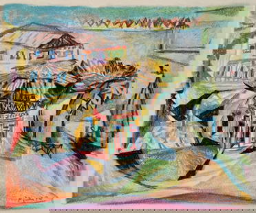 Pastel on paper Pablo Picasso after Spanish Cubism: Pastel on paper, painting. From a private collection. 11,2 x 13,2 in. (28,5 x 33,6 cm). Pablo Picasso (1881-1973, Spanish). It is being sold in the manner or style of the artist. Depicts a landscape.