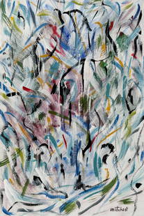 Mixed media Joan Mitchell after American Abstract Expressionism: Mixed media on canvas on cardboard, painting. From a private collection. 7,8 x 11,6 in. (19,7 x 29,5 cm). Joan Mitchell (1925-1992, American). It is being sold in the manner or style of the artist. Ab