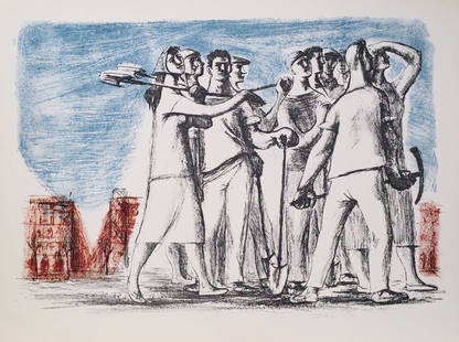 Vintage Litho print on paper Romanian Corina Angheluta peace: Vintage litho print on paper. Printed in Germany, 1959. 11.8 x 15.7 in. (30 x 40 cm). "We are constructing". Corina Beiu Angheluta (1919 - 2009, Romanian). From a private collection.