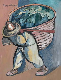Painting on paper Diego Rivera after Mexican man carrying basket: Painting on paper. From a private collection. 8,3 x 10,9 in. (21,1 x 27,6 cm). Diego Rivera (1886 - 1957, Mexican). It is being sold in the manner or style of the artist. Depicts a man carrying a bask