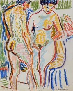 Ernst Ludwig Kirchner after German Expressionist pastel drawing nude erotic: Pastel on paper, drawing. From a private collection. 8,4 x 10,2 in. (21,2 x 26 cm). Ernst Ludwig Kirchner (1880-1938, German). It is being sold in the manner or style of the artist. Composition with
