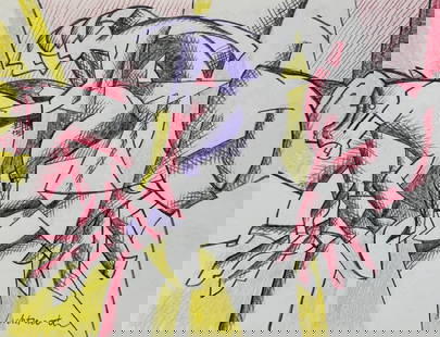 Drawing on paper Roy Lichtenstein after American Pop Art study horsemen: Crayon on paper, drawing. From a private collection. 8,5 x 11 in. (21,5 x 28 cm). Roy Lichtenstein (1923-1997, American). It is being sold in the manner or style of the artist. Composition with