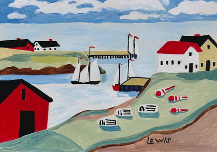 Maud Kathleen Lewis after Canadian Primitivist tempera painting landscape: Tempera on paper, painting. 6,4 x 9,1 in. (16,2 x 23 cm). Maud Kathleen Lewis (1903-1970, Canadian). It is being sold in the manner or style of the artist. Depicts a landscape with boats.