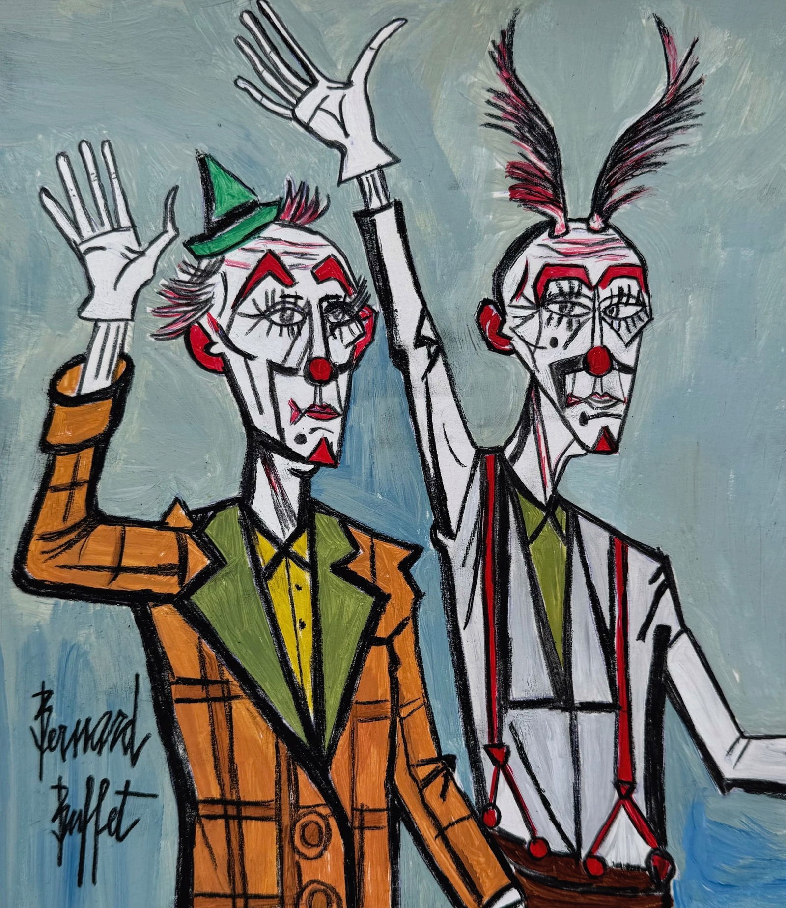 Bernard Buffet after French Expressionist mixed media clown: Mixed media on thick paper. 8 x 9,5 in. (20,4 x 24 cm). Bernard Buffet (1928-1999, French). It is being sold in the manner or style of the artist. Featuring two waving clowns on a blue background.