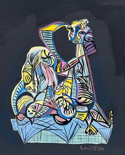 Tempera on paper Emil Filla signed after Czech Cubist painting: Tempera on paper, painting. From a private collection. 6,9 x 8,5 in. (17,4 x 21,5 cm). Emil Filla (1882-1953, Czech). It is being sold in the manner or style of the artist. The painting depicts a