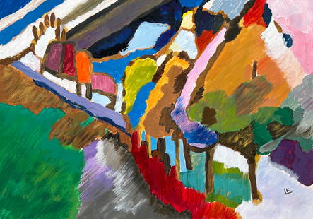 Wassily Kandinsky after Russian Abstract gouache on paper landscape: Gouache on paper, painting. From a private collection. 7,9 x 11,7 in. (20,1 x 29,7 cm). Wassily Kandinsky (1866-1944, Russian). It is being sold in the manner or style of the artist. Depicts a
