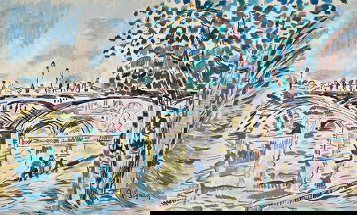 Paul Signac style of French Neo-Impressionist landscape tempera painting Pointillist: Tempera on paper, painting. From a private collection. 7,3 x 12 in. (18,5 x 30,6 cm). Paul Signac (1863 - 1935, French). It is being sold in the manner or style of the artist. Depicts a landscape