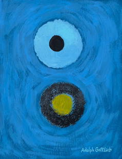 Adolph Gottlieb after American Abstract Expressionism tempera on paper: Tempera on paper, painting. From a private collection. 7 x 9,1 in. (17,7 x 23,1 cm). Adolph Gottlieb (1903-1974, American). It is being sold in the manner or style of the artist. Depicts an abstract