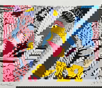Roy Lichtenstein style of American Pop Art mixed media on paper interior: Mixed media on paper. From a private collection. 8,7 x 9,1 in. (22 x 23 cm). Roy Lichtenstein (1923-1997, American). It is being sold in the manner or style of the artist. Depicts a composition with