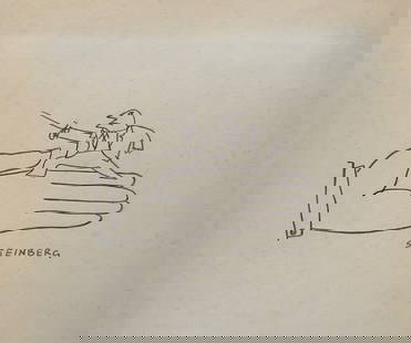 Drawing Saul Steinberg after Romanian American cartoon style male fencer: Drawing on paper. From a private collection. 7,3 x 8,5 in. (18,5 x 21,7 cm). Saul Steinberg (1914-1999, Romanian - American). It is being sold in the manner or style of the artist. Depicts a man's