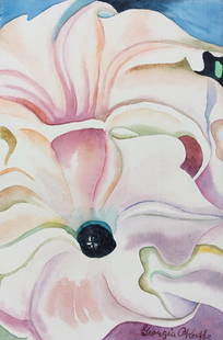Watercolor on canvas on c/b Georgia O'Keeffe after American Precisionism enlarged flower: Watercolor on canvas on cardboard, painting. From a private collection. Georgia O'Keeffe (1887-1986, American). 7,7 x 11,8 in. (19,7 x 30 cm). It is being sold in the manner or style of the artist. Co
