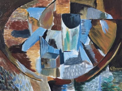Georges Braque style of Cubism French oil on canvas on cardboard still life: Oil on canvas on cardboard. From a private collection. 6,9 x 9,3 in. (17,6 x 23,7 cm). Georges Braque (1882-1963, French). It is being sold in the manner or style of the artist. The painting