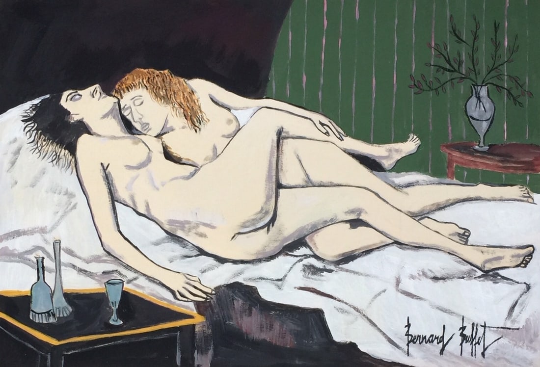 Bernard Buffet after Expressionism French erotic mixed media on paper: Mixed media on paper, painting. From a private collection. 7,9 x 11,6 in. (20,3 x 29,5 cm). Bernard Buffet (1928-1999, French). It is being sold in the manner or style of the artist. Featuring a nude