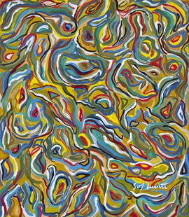 Tempera on cardboard Sol Lewitt after American Minimalist abstract composition painting: Tempera on cardboard, painting. From a private collection. 8,7 x 9,8 in. (22 x 25 cm). Sol Lewitt (1928-2007, American). It is being sold in the manner or style of the artist. Abstract composition.
