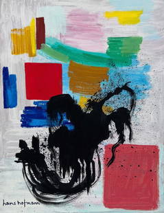 Hans Hofmann style of German American Abstract Expressionism painting on c/b: Painting on cardboard. From a private collection. 9 x 12,2 in. (22,9 x 31 cm). Hans Hofmann (1880-1966, German-American). It is being sold in the manner or style of the artist. Depicts an abstract