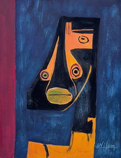 Wifredo Lam style of Cuban Cubist gouache on paper female portrait: Gouache on paper, painting. From a private collection. 5,9 x 7,6 in. (15 x 19,4 cm). Wifredo Lam (1902-1982, Cuban). It is being sold in the manner or style of the artist. The composition with a