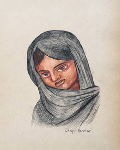 Diego Rivera style of mixed media on paper Mexican art: Mixed media on paper. From a private collection. 8,4 x 11,2 in. (22,2 x 28,4 cm). Diego Rivera (1886 - 1957, Mexican). It is being sold in the manner or style of the artist. The drawing depicts a woma