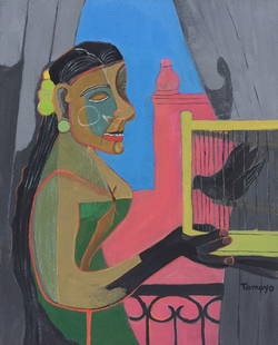 Rufino Tamayo after Mexican gouache on paper woman portrait: Gouache on paper, painting. From a private collection. 8,3 x 10,2 in. (21 x 26 cm). Rufino Tamayo (1899 - 1991, Mexican). It is being sold in the manner or style of the artist. The composition with a