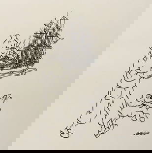 Ink drawing Herge after Belgian comics Tintin and Milou the Unicorn ship: Ink on paper, drawing. From a private collection. 8,7 x 8,9 in. (22,2 x 22,5 cm). Herge (Georges Remi) (1907-1983, Belgian). It is being sold in the manner or style of the artist. Composition with Tin