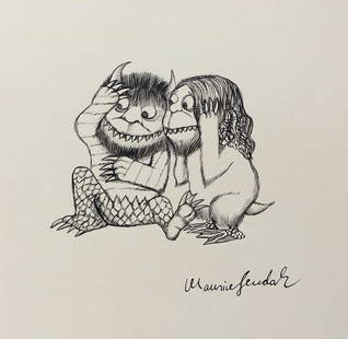 Ink drawing on paper Maurice Sendak style of American monsters: Ink on paper, drawing. From a private collection. 7,9 x 7,9 in. (20 x 20 cm). Maurice Sendak (1928-2012, American). It is being sold in the manner or style of the artist. Depicts a scene with monsters