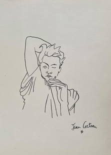 Ink on paper Jean Cocteau style of French Expressionism male portrait young guy: Ink on paper, drawing. From a private collection. 7,9 x 11,2 in. (20 x 28,5 cm). Jean Maurice Eugene Clement Cocteau (1889-1963, French). It is being sold in the manner or style of the artist. Featuri