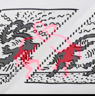 Keith Haring style of American Pop Art mixed media on paper heart: Mixed media on paper, drawing. From a private collection. Keith Haring (1958-1990, American). 8,9 x 9,8 in. (22,7 x 23,4 cm). It is being sold in the manner or style of the artist. Composition in the