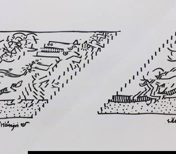 Keith Haring style of American Pop Art ink on paper style snake wolf: Ink on paper, drawing. From a private collection. Keith Haring (1958-1990, American). 9 x 9,1 in. (23 x 23,2 cm). It is being sold in the manner or style of the artist. Composition in the Pop Art styl