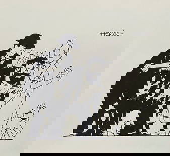 Ink on paper comics drawing Herge after Belgian Tintin Milou Captain Haddock characters: Ink on paper, drawing. From a private collection. Herge (Georges Remi) (1907-1983, Belgian). 8,5 x 9 in. (21,5 x 23 cm). It is being sold in the manner or style of the artist. Composition with Tintin,
