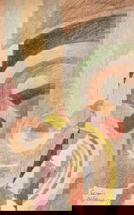 Crayon on paper Sonia Delaunay style of French Ukrainian Abstract circles geometric objects: Crayon on paper, drawing. From a private collection. Sonia Delaunay (1885-1979, Ukrainian, French). 7,6 x 12,1 in. (19,4 x 30,7 cm). It is being sold in the manner or style of the artist. Abstract com