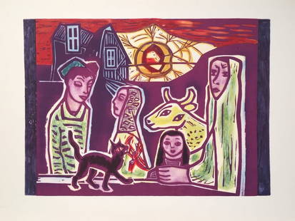 Vintage Litho print Icelandic Jon Engilberts Family: Vintage litho print on paper. Printed in Germany, 1959. 11.8 x 15.7 in. (30 x 40 cm). "Family". Jon Engilberts (1908 - 1972, Icelandic). From a private collection.