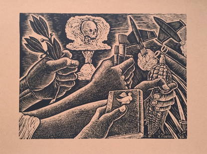 Erasto Cortes Mexican vintage litho print humanity peace and war: Vintage litho print on paper. Printed in Germany, 1959. 11.8 x 15.7 in. (30 x 40 cm). "Progressive humanity in the struggle against war". Erasto Cortes (1900 - 1972, Mexican). From a private