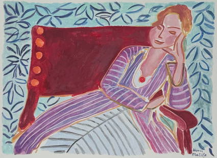 Henri Matisse after French Expressionist 1869-1954 tempera on paper: Tempera on paper, painting. Painting size: 7,9 x 11 in. (20 x 28 cm). Paper size: 10,4 x 14 in. (26,5 x 35,6 cm). Henri Matisse (1869-1954, French). It is being sold in the manner or style of the arti