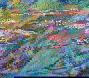 Claude Monet after French Impressionism pastel painting water lilies: Pastel on paper, painting. From a private collection. 8,8 x 10 in. (22,4 x 25,5 cm). Claude Monet (1840-1926, French). It is being sold in the manner or style of the artist. Depicts a landscape with