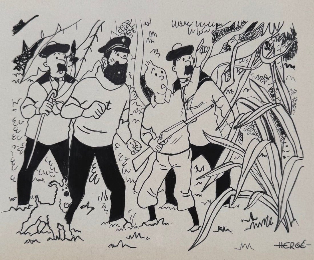 Ink drawing Herge after Belgian comics Tintin and Milou: Ink on paper, drawing. From a private collection. 7,5 x 8,9 in. (19 x 22,5 cm). Herge (Georges Remi) (1907-1983, Belgian). It is being sold in the manner or style of the artist. Composition with Tinti