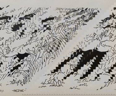 Ink drawing Herge after Belgian comics Tintin and Milou: Ink on paper, drawing. From a private collection. 7,5 x 8,9 in. (19 x 22,5 cm). Herge (Georges Remi) (1907-1983, Belgian). It is being sold in the manner or style of the artist. Composition with Tinti