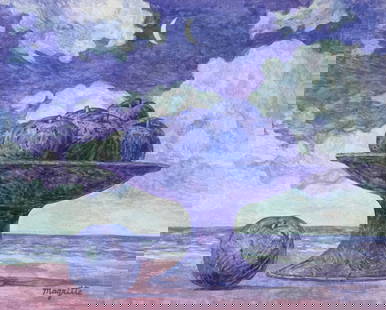 Rene Magritte after Belgian Surrealism tempera on paper: Tempera on paper, painting. From a private collection. 8,3 x 10,2 in. (21 x 26 cm). Rene Magritte (1898-1967, Belgian). It is being sold in the manner or style of the artist. Depicts a surreal composi