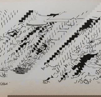 Ink drawing Herge after Belgian comics Tintin and Milou: Ink on paper, drawing. From a private collection. 8,5 x 8,7 in. (21,5 x 22 cm). Herge (Georges Remi) (1907-1983, Belgian). It is being sold in the manner or style of the artist. Composition with Tinti