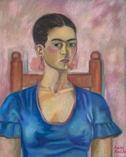 Frida Kahlo after Surrealist Mexican self portrait pastel on paper: Pastel on paper, painting. From a private collection. 8,5 x 10,4 in. (21,5 x 26,5 cm). Frida Kahlo (Mexican, 1907-1954). It is being sold in the manner or style of the artist. Depicts a self portrait