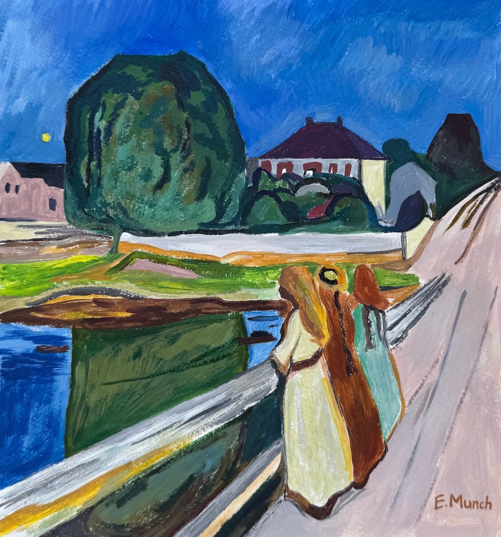 Tempera on paper Edvard Munch after Norwegian Expressionist bridge: Tempera on paper, painting. From a private collection. 8,4 x 8,8 in. (21,2 x 22,4 cm). Edvard Munch (1863-1944, Norwegian). It is being sold in the manner or style of the artist. Depicts women on a br