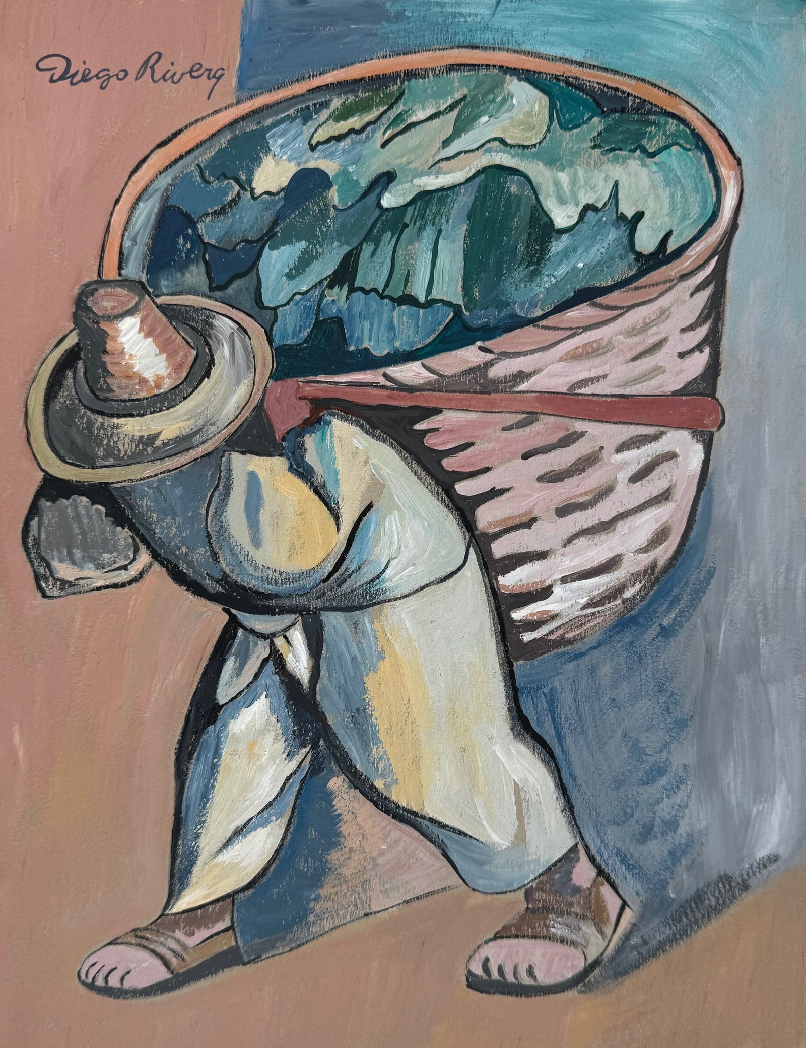 Painting on paper Diego Rivera after Mexican man carrying basket (1 of 2)