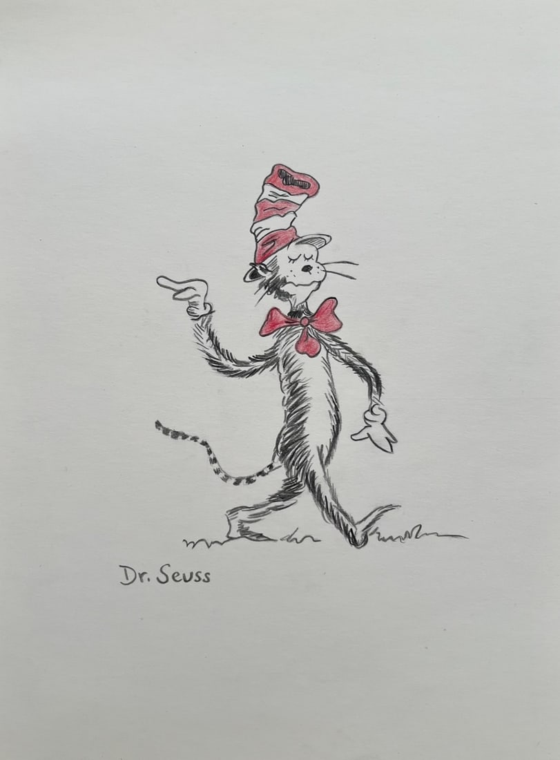 Drawing on paper Dr. Seuss signed Cat art cartoon American sketch (1 of 2)