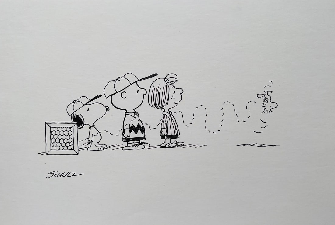 Ink on paper Charles Schulz style of American comics drawing Snoopy Charlie Brown: Ink on paper, drawing. From a private collection. 8,6 x 12,6 in. (21,8 x 32 cm). Charles M. Schulz (1922-2000, American). It is being sold in the manner or style of the artist. Depicts the scene with