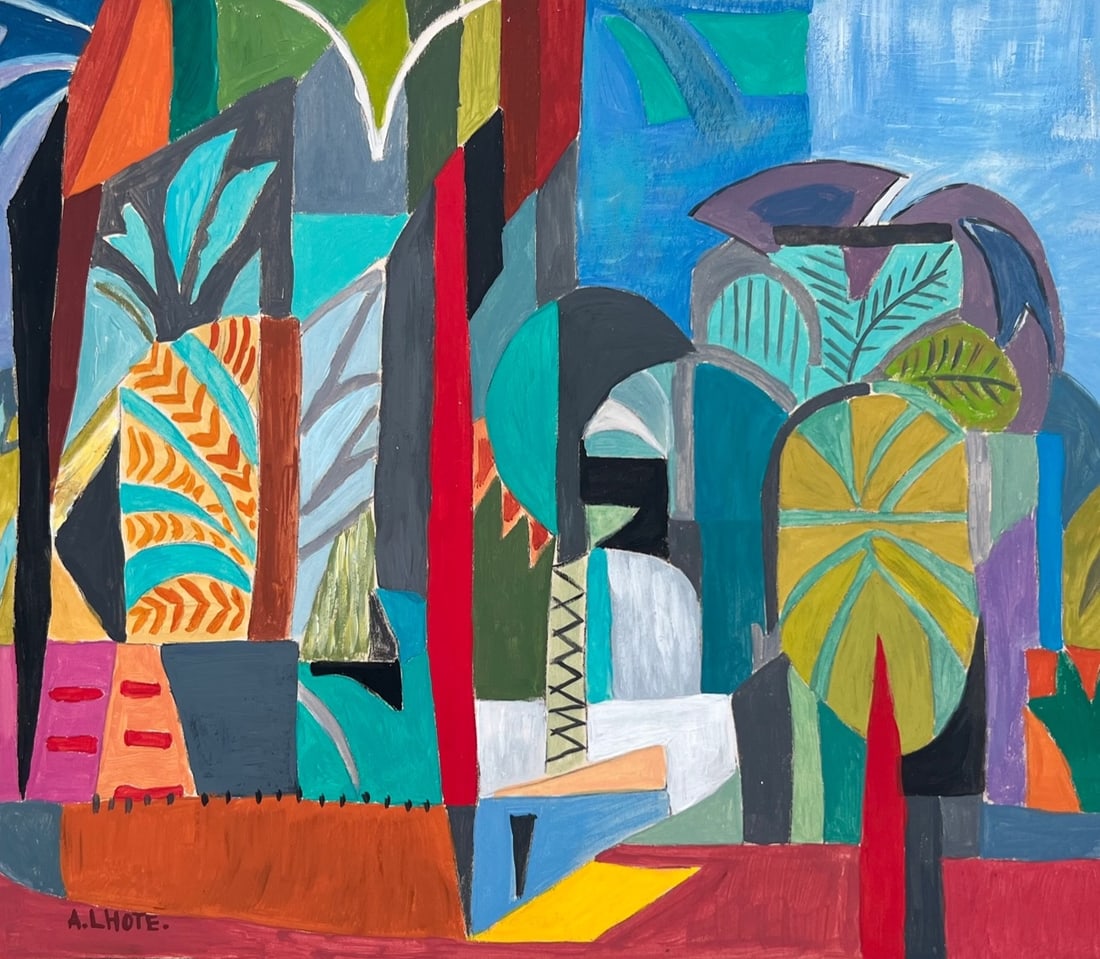 Andre Lhote after French Fauvist Cubism tempera on paper landscape: Tempera on paper, painting. From a private collection. 10,2 x 12,6 in. (26 x 32 cm). Andre Lhote (1885-1962, France). It is being sold in the manner or style of the artist. Depicts a landscape with pl