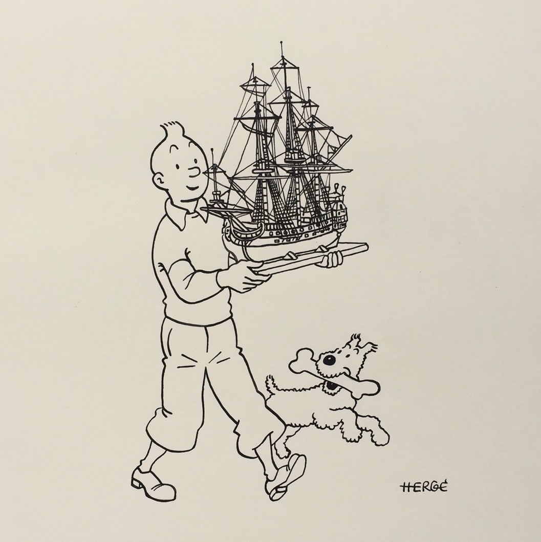 Ink drawing Herge after Belgian comics Tintin and Milou the Unicorn ship: Ink on paper, drawing. From a private collection. 8,7 x 8,9 in. (22,2 x 22,5 cm). Herge (Georges Remi) (1907-1983, Belgian). It is being sold in the manner or style of the artist. Composition with Tin
