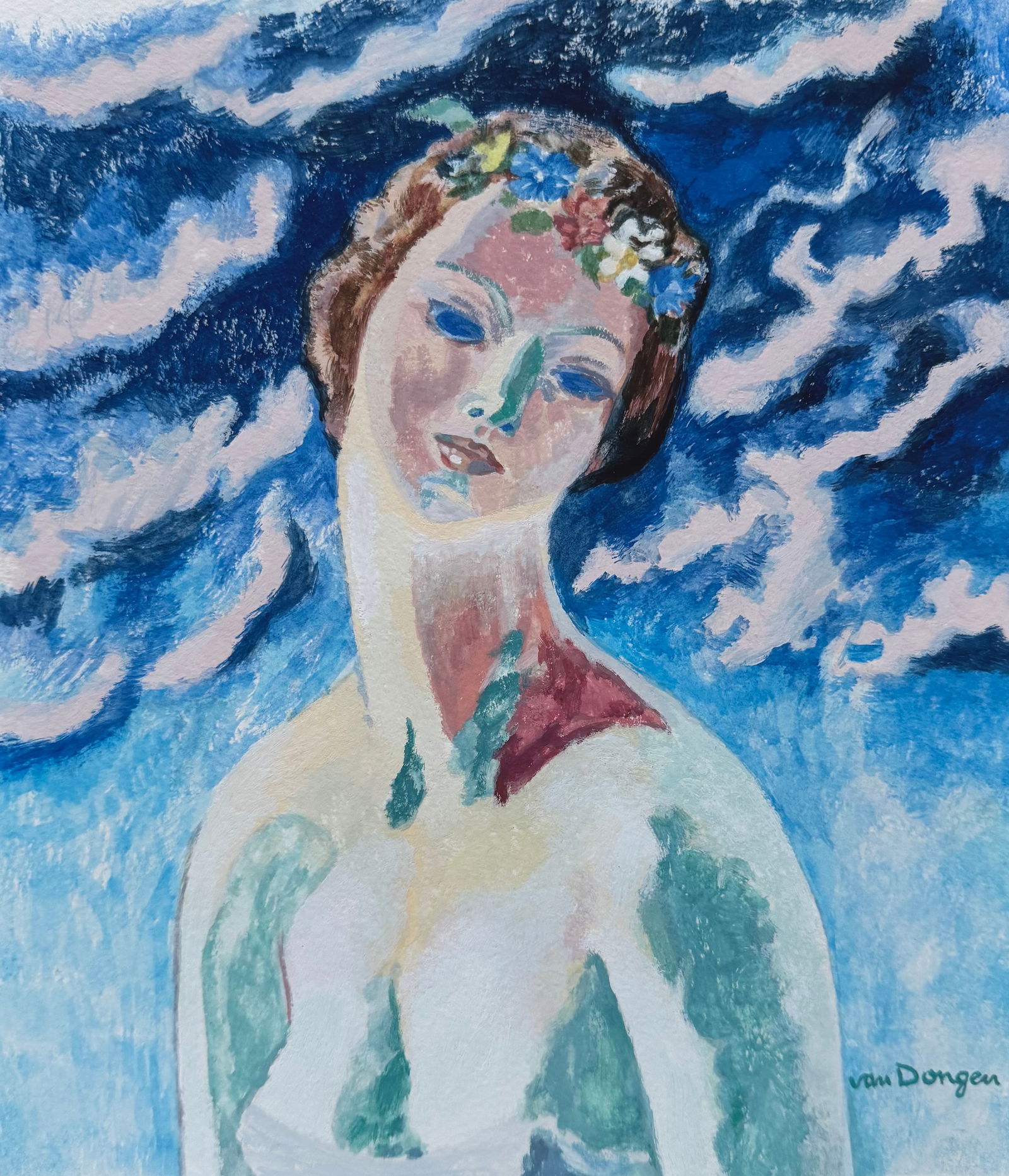 Kees Van Dongen after Dutch Fauvist tempera painting portrait 1877-1968: Tempera on paper, painting. From a private collection. 8,3 x 9,7 in. (21 x 24,5 cm). Cornelis Theodorus Maria 'Kees' van Dongen (1877-1968, Dutch). It is being sold in the manner or style of the artis