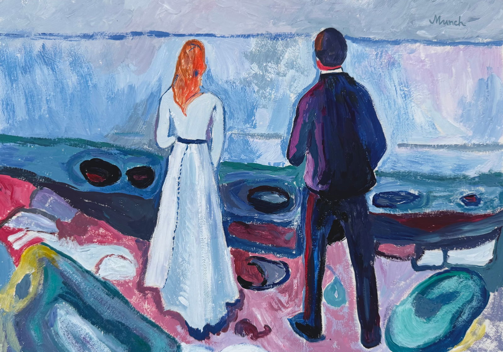 Tempera on paper Edvard Munch after Norwegian Expressionist: Tempera on paper, painting. From a private collection. 8,3 x 11,7 in. (21 x 29,7 cm). Edvard Munch (1863-1944, Norwegian). It is being sold in the manner or style of the artist. The composition depict