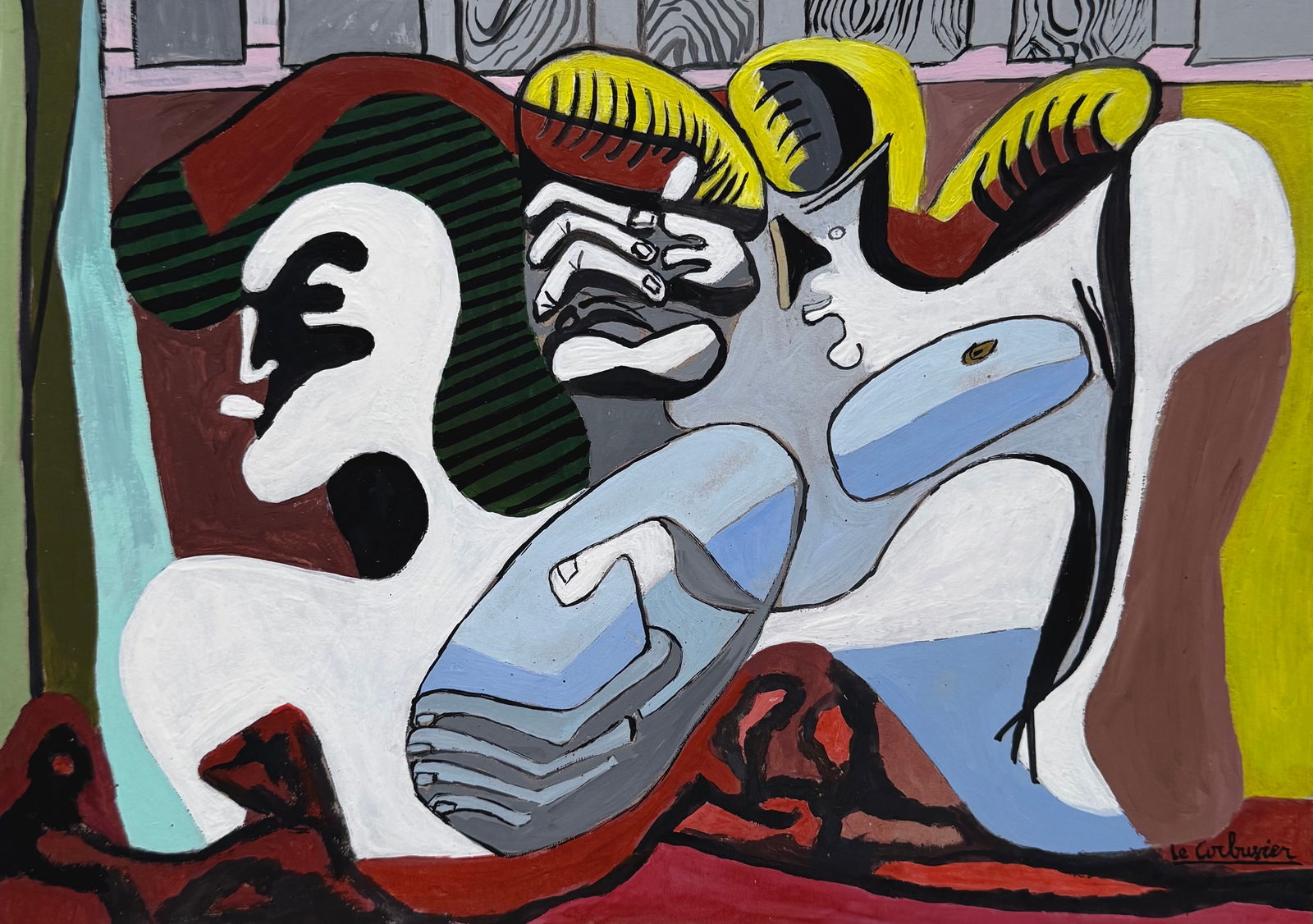 Tempera gouache painting Le Corbusier after French Cubism painting 1887-1965: Tempera, gouache on cardboard, painting. From a private collection. 8,3 x 11,6 in. (21 x 29,5 cm). Le Corbusier (1887-1965, French, Swiss). It is being sold in the manner or style of the artist. Depic